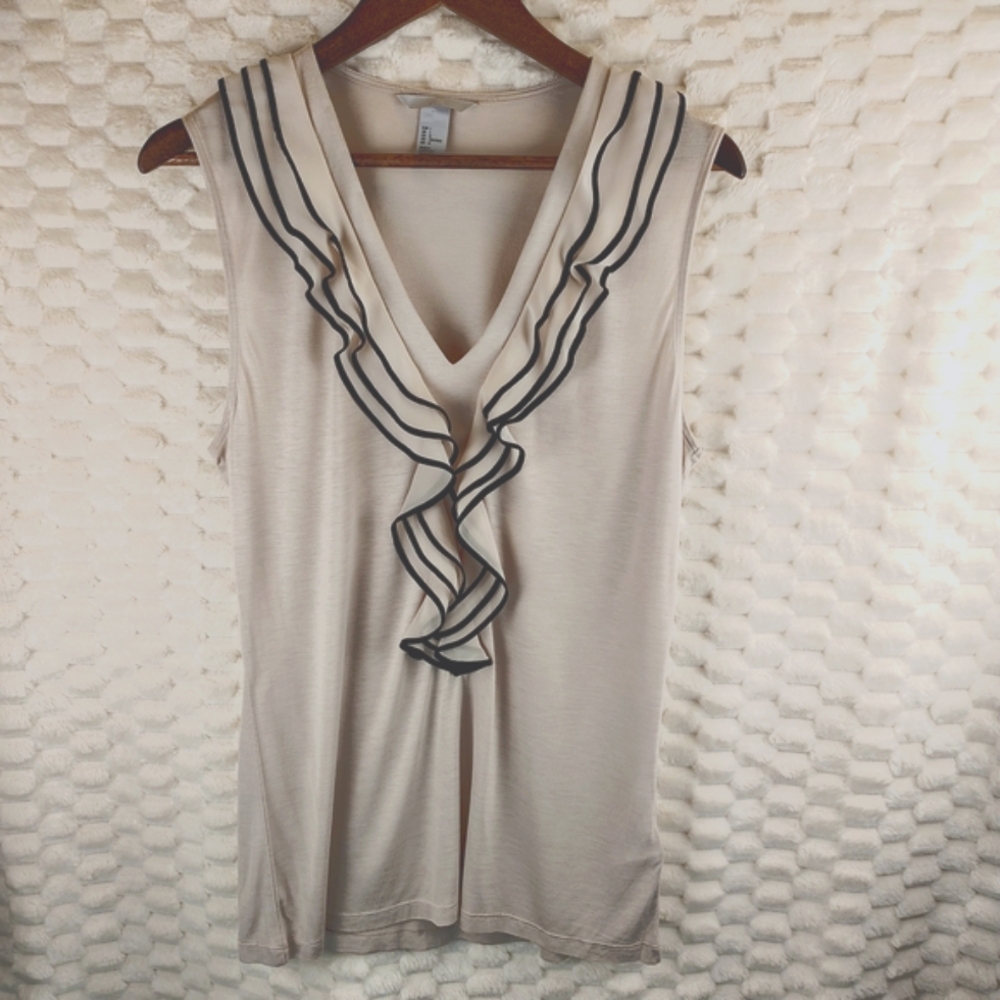 H&M Beige Tank Top With Sheer Ruffles Lined In Black Women's Size Large